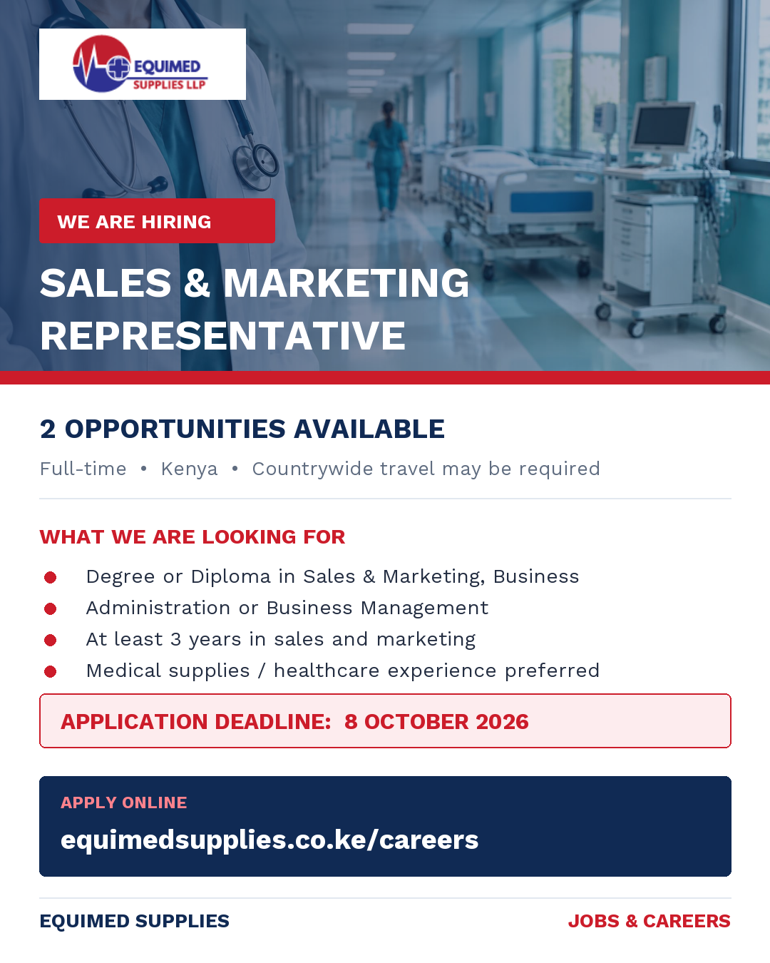 Equimed Supplies hiring poster for two Sales and Marketing Representative openings in Kenya, applications due 8 October 2026; apply at equimedsupplies.co.ke/careers